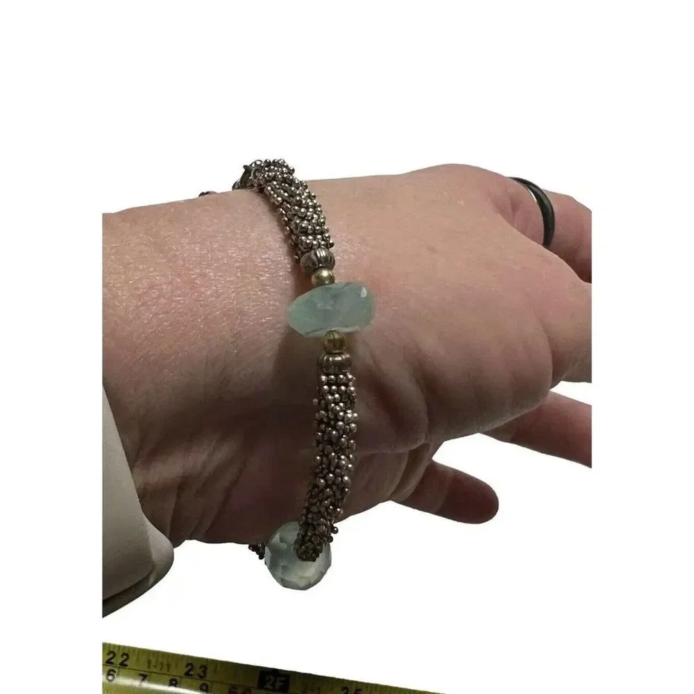 Silver Tone Beaded Toggle Bracelet with Faceted Seafoam Green‎ Accent Beads 8in